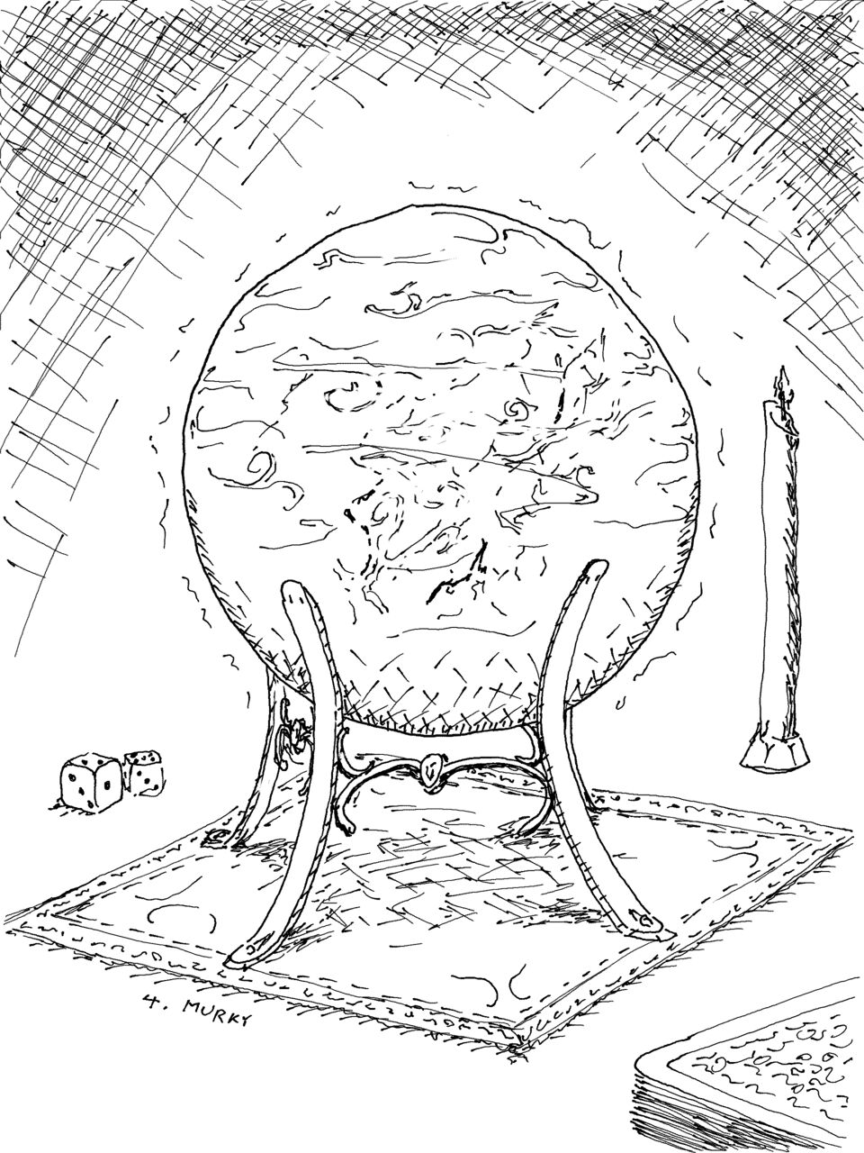 A crystal ball on a table with dice, a candle and a deck of cards. The ball is cloudy and hard to discern the contents of.